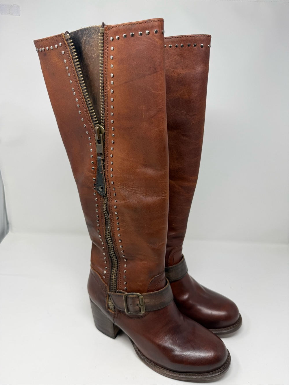 Born Brown Leather Tall Riding Boots with Studded Zip - Picture 2 of 8